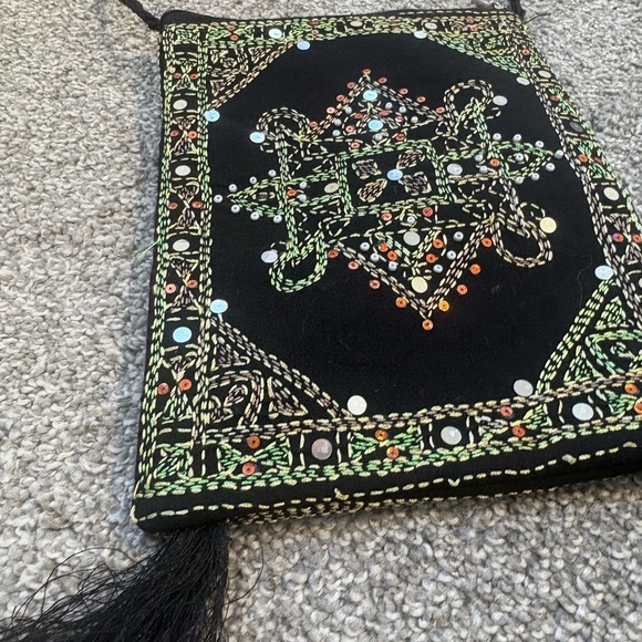Embroidered Purse Ethnic Black Crossbody Bag with Sequins and Tassels - Picture 8 of 10